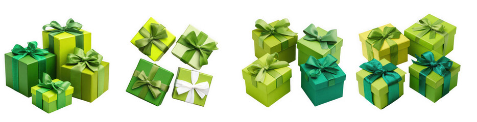 A group of small green gift boxes with ribbons, isolated on transparent background