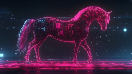 Futuristic pink neon horse walking in a digital landscape.