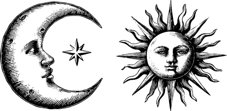 Celestial vintage sketch of crescent moon and radiant sun for art prints and design