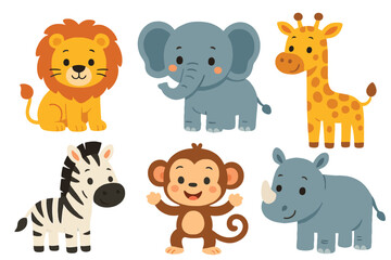 Cute cartoon safari animals collection including lion elephant giraffe zebra monkey and rhino