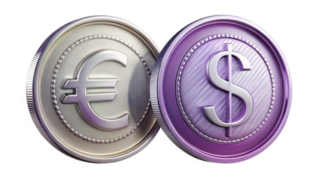  dollar-and-euro-coins--3d-metallic-money-illustrative on a white background