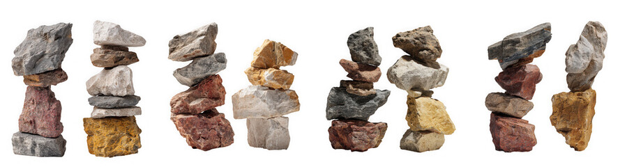 Several balanced stacks of various stones and rocks, isolated on transparent background