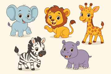 Adorable cartoon safari animals including elephant lion giraffe zebra and rhino