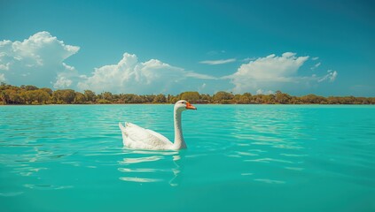 A lone white goose glides across a vibrant turquoise water in a mountainous region