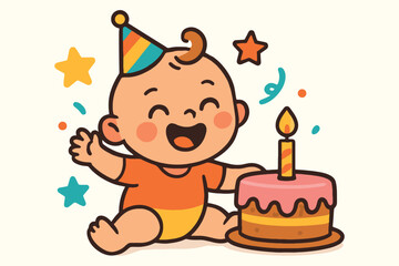 Happy baby wearing a birthday hat celebrates with a cake and confetti