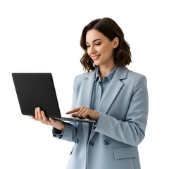 Young professional woman in a light blue suit smiling as she uses her laptop, isolated on a white background, symbolizing business and technology