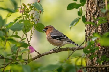 Stunning close-up of a female Chaffinch perched on a branch in a forest