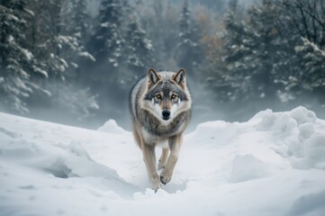Naklejka premium Stunning wolf dashing through snowy terrain, captivating winter backdrop with wolf
