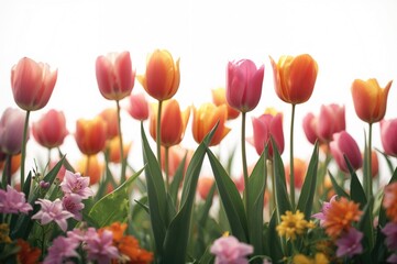 Stunning Tulip Blooms Amidst Greenery, Seasonal Flowers and Leaves, Symbolizing Love and Renewal