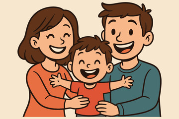 Happy cartoon family portrait of parents hugging their joyful son with open arms