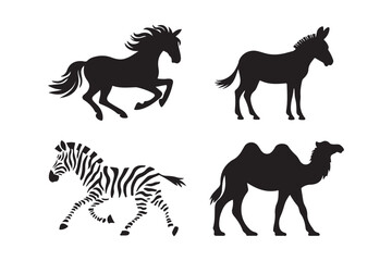 Silhouettes of a horse zebra donkey and camel in motion