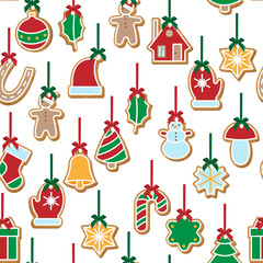 Seamless vector pattern with gingerbread Christmas cookies hanging on red ribbons. Festive holiday background with traditional shapes for winter celebration and decoration.