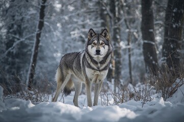 Fototapeta premium Gorgeous Wolfdog Amidst Icy Woods