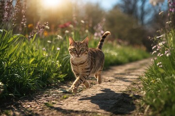 Graceful spotted feline dashing along a bright spring pathway in a garden