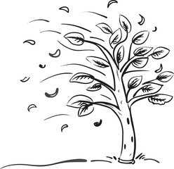 Single tree silhouette in a grayscale sketch style with falling leaves isolated on transparent background