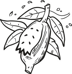 Hand drawn sketch of a prickly pear fruit with leaves and dots in a simple outline style isolated on transparent background