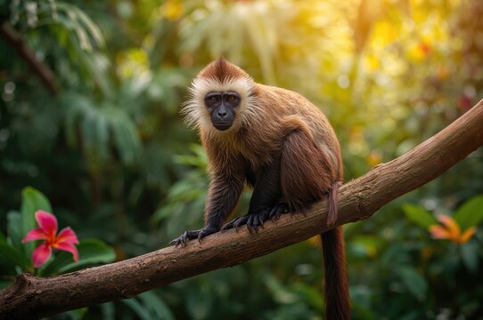 Gorgeous close-up of a wild capuchin monkey perched on a tree in the forest