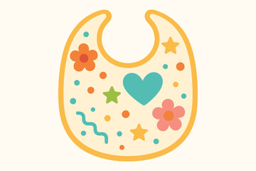 Cute cartoon baby bib with colorful polka dots hearts and flowers on a light background