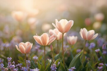 Obraz premium Delicate apricot tulips with small blooms in a sunlit pastel spring setting, selective focus