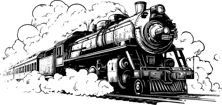 Vintage steam locomotive sketch &ndash; retro engraved train design for posters and labels