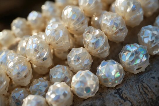 Beads crafted from the iridescent shell of marine mollusks.