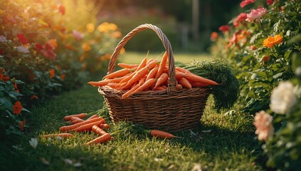 Freshly harvested carrots in a garden basket