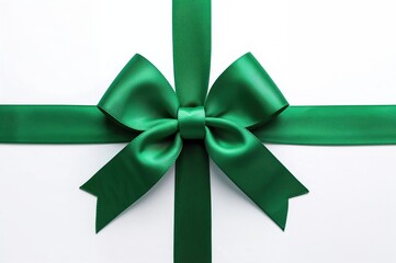 Elegant green ribbon tied into a bow against a white backdrop