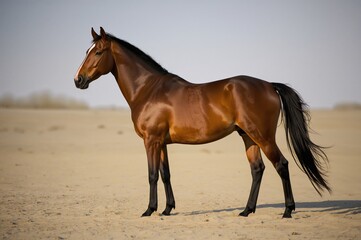 Handsome brown thoroughbred gelding freely standing on sandy ground