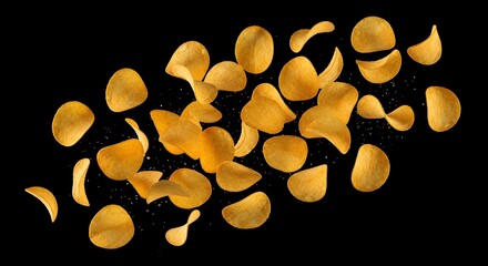 flying Potato chips spilling, isolated on a black background.