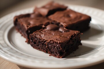 Chocolate brownies made from scratch served on a white dish