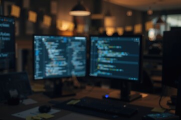 Soft-focus backdrop of a modern coding station featuring several screens showing programming scripts, sticky notes, and warm lighting to enhance software engineering and development activities