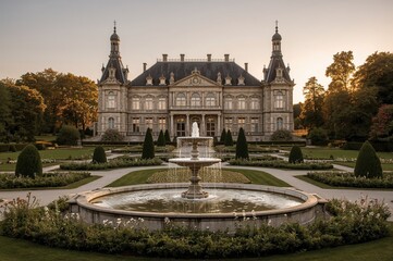 Obraz premium Antique manor house featuring a water fountain