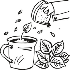 Hand pouring tea leaves into cup with fresh mint for a refreshing beverage isolated on transparent background