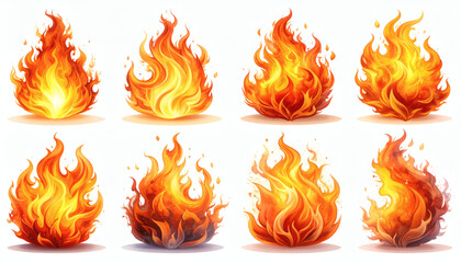 Eight fire flames isolated on white background burning fire vector illustration