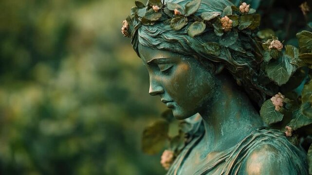A statuesque woman wears a headdress adorned with flowers, evoking a sense of elegance and beauty