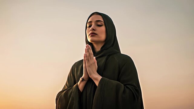 A spiritual sunset meditation: a tranquil scene of prayer and faith in Middle Eastern style. Divine light will illuminate the believer