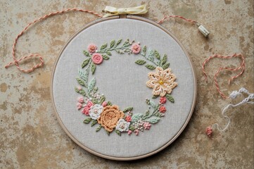 Floral wreath hand-stitched on a wooden frame
