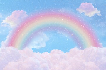 Holographic fantasy featuring a rainbow unicorn and clouds in a pastel sky. Abstract scene with a charming pattern. Vector art.