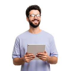 Happy man with beard and glasses holding a tablet and looking up