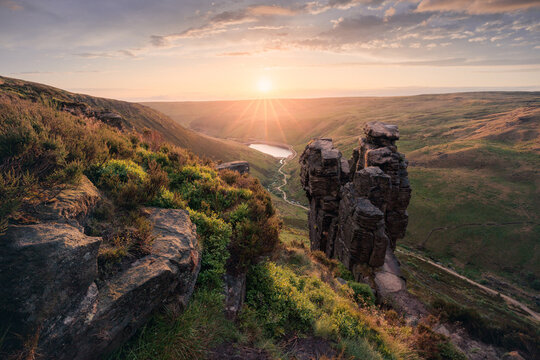 The Trinnacle at Saddleworth Moors looking over Dovedale Reservoir, Greenfield, Peak District