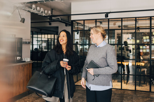 Smiling senior businesswoman talking with newly recruited female in office