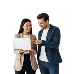 Two diverse business professionals collaborating on a project, smiling and pointing at a laptop screen on a white background