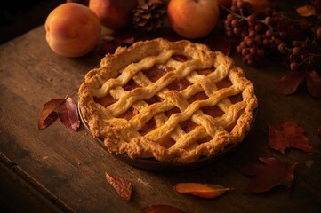 A slice of peach pie with a woven crust sitting on a weathered wooden surface