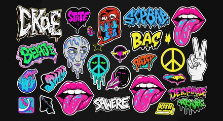 Vibrant Graffiti Art and Pop Culture Stickers Collection Featuring Skulls Lips and Peace Symbols