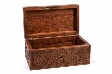 Handcrafted Wooden Box with Intricate Carvings and Partial Opening, Featuring New Age Cultural Designs and the Flower of Life Motif, Displayed on a White Background