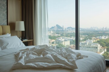 Relaxing morning in a cozy bedroom with a woman waking up refreshed after a restful night, enjoying a peaceful weekend and serene view.