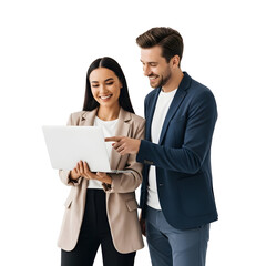 Happy business colleagues working together on a laptop, pointing at the screen and discussing a project against a white background