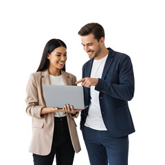 Cheerful diverse business colleagues collaborating on a project using a laptop, isolated on a white background