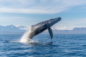 Fototapeta premium Majestic humpback whale breaching in cold northern waters