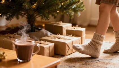 Child in cozy wool socks standing near wrapped gifts under Christmas tree with hot cocoa on table, symbolizing childhood wonder, holiday anticipation, and the warmth of festive traditions.